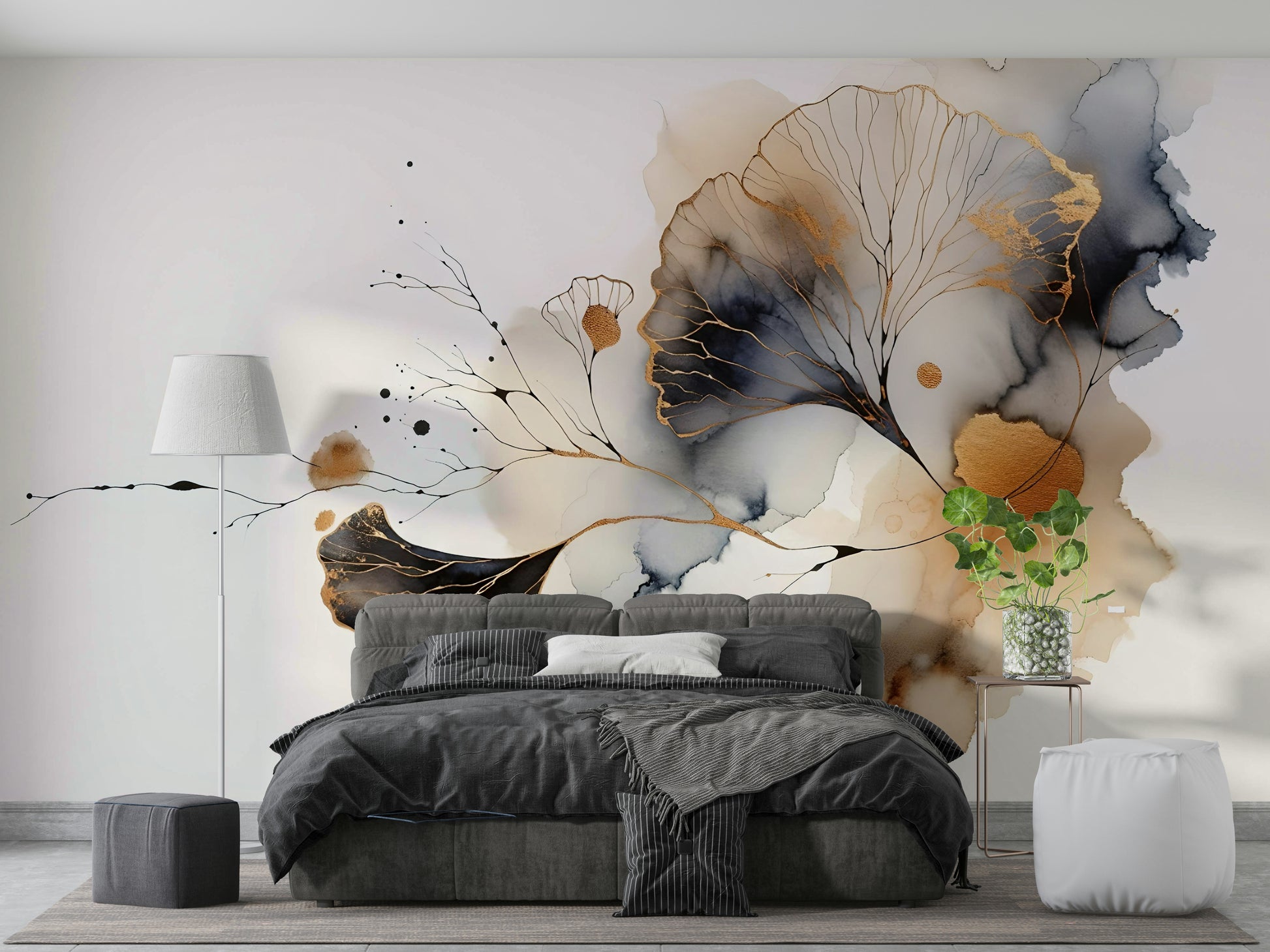 Elegant ginkgo leaf mural with metallic gold accents.

