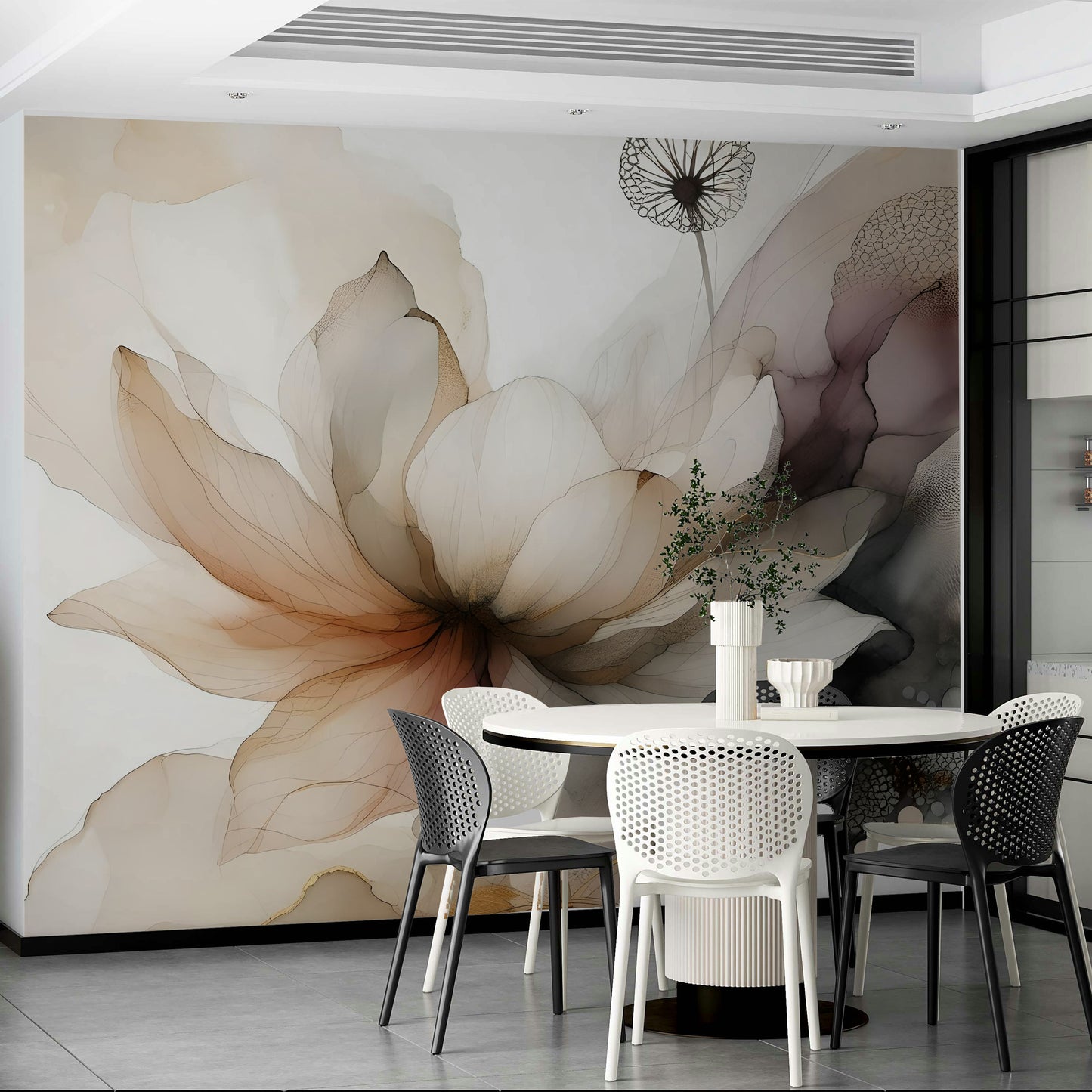 Dreamy lotus mural with watercolor floral detailing.

