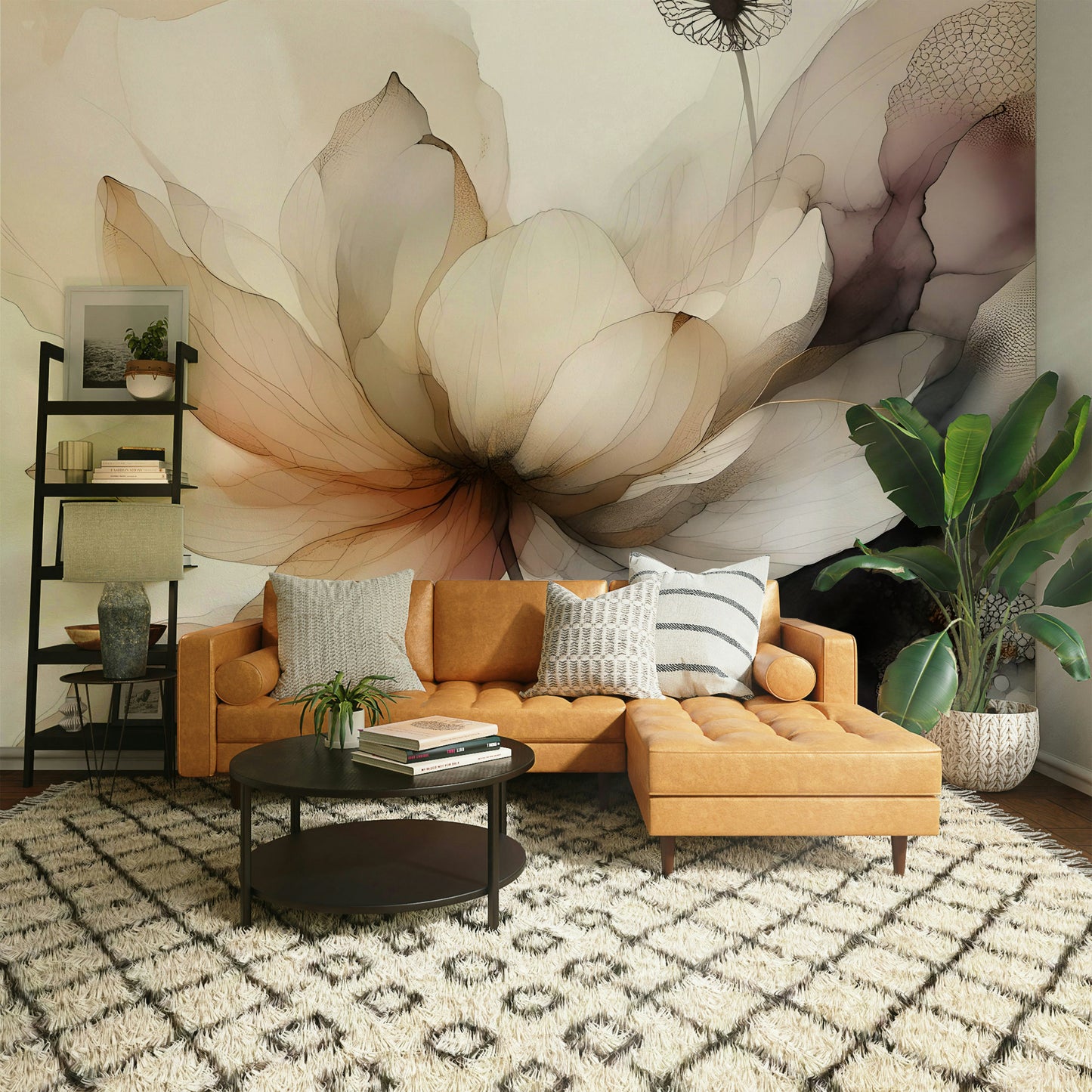 Watercolor lotus mural in natural, earthy hues.

