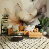 Watercolor lotus mural in natural, earthy hues.


