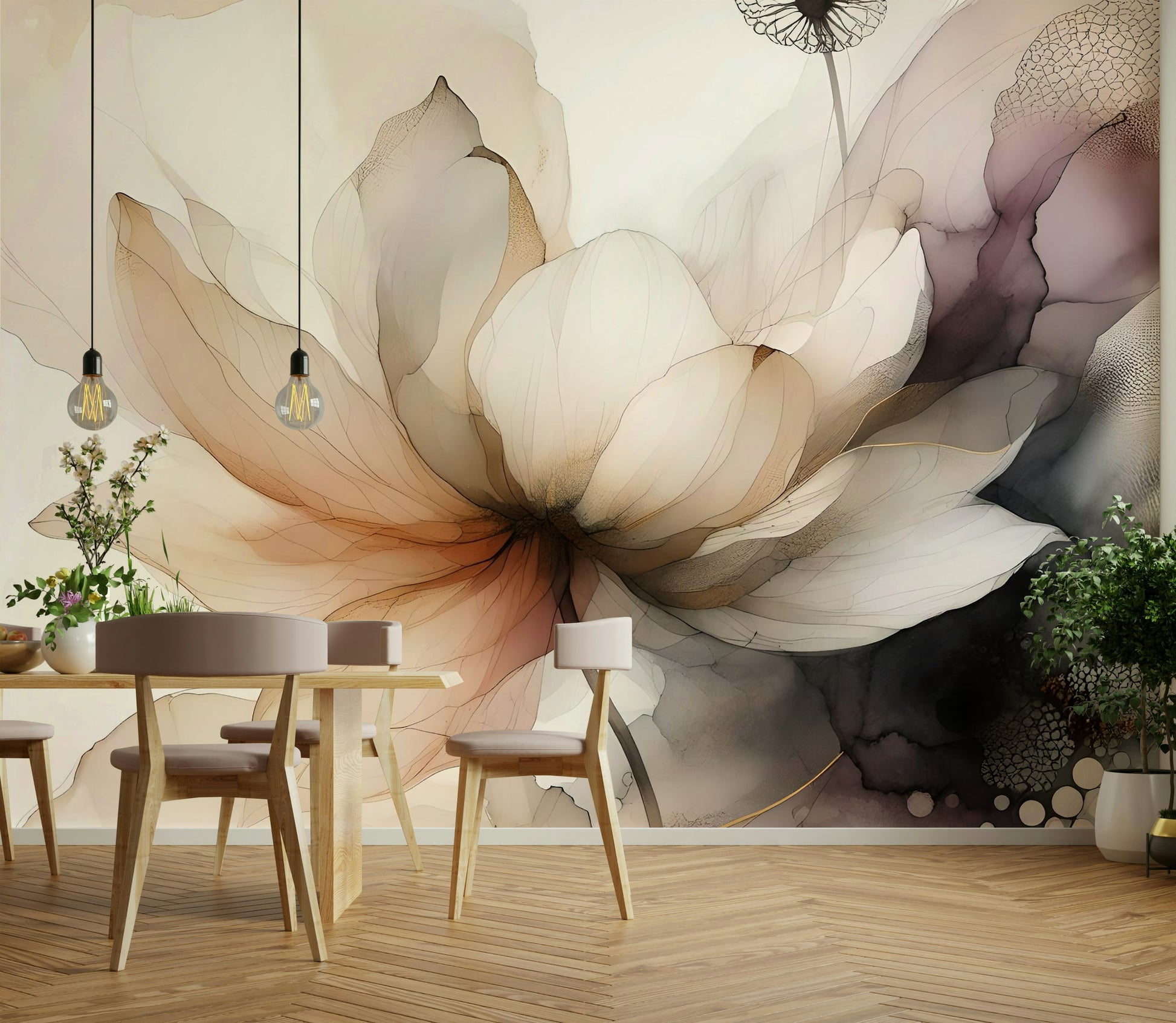 Artistic lotus mural with hand-painted brushwork.

