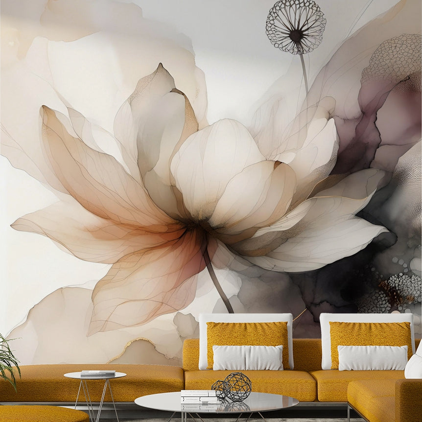 Elegant lotus flower mural in soft botanical tones.

