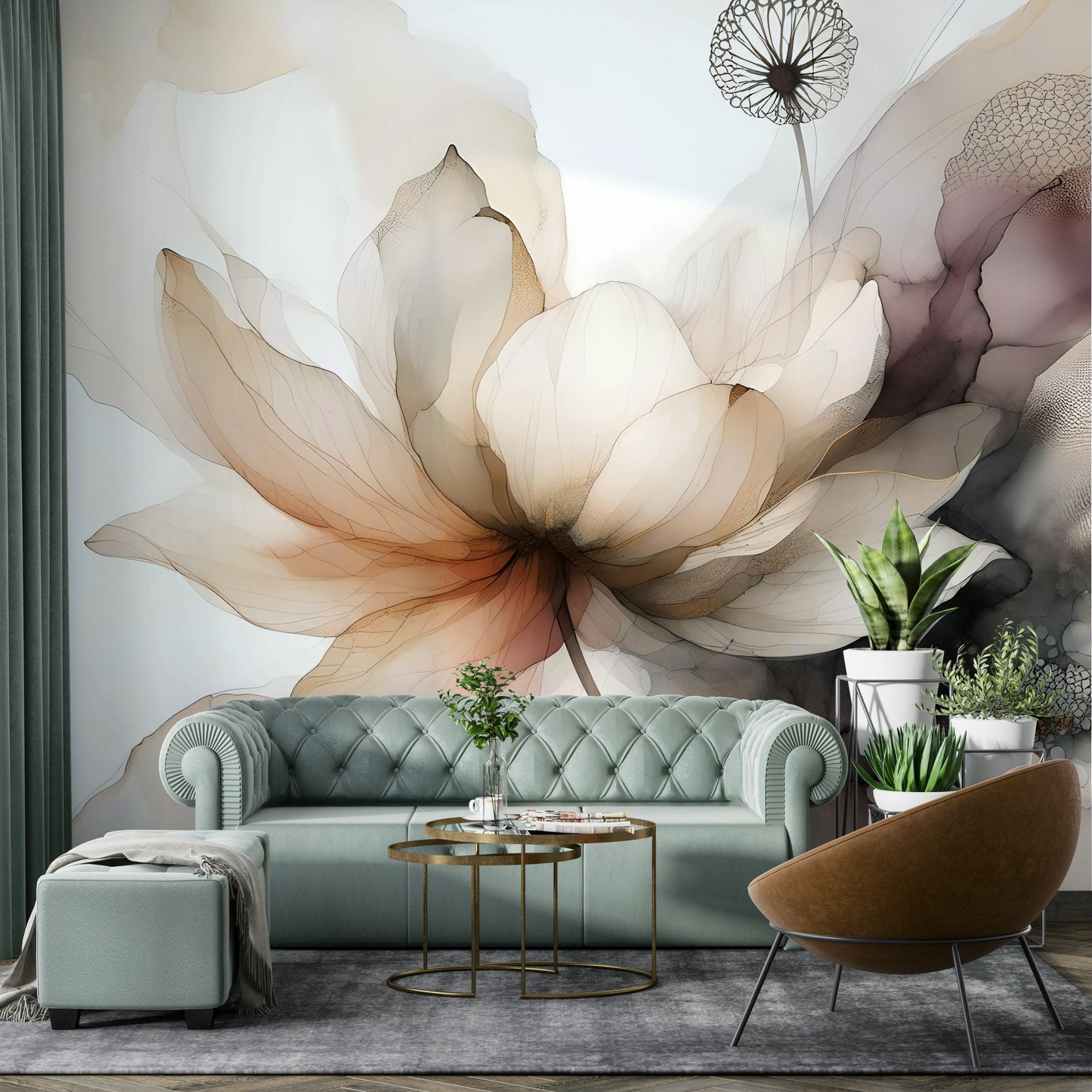 Wall mural of graceful lotus blooms and green leaves.

