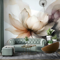 Wall mural of graceful lotus blooms and green leaves.

