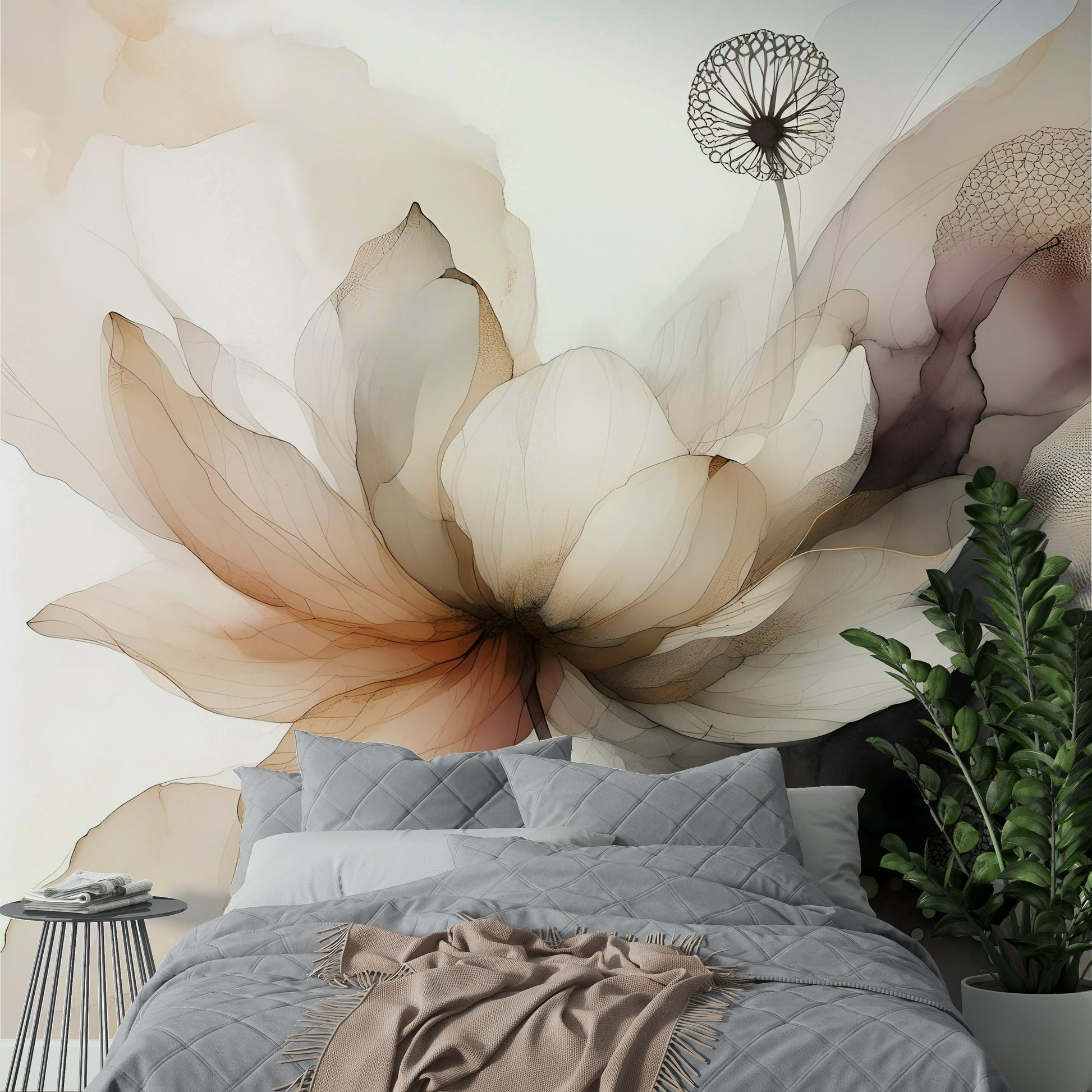 Feminine floral mural with lotus and botanical accents.

