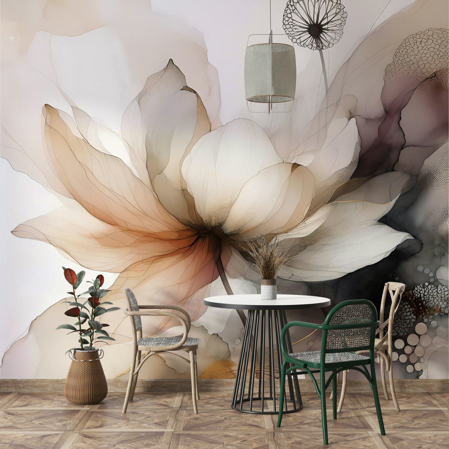 Botanical wall mural with floating lotus blossoms.


