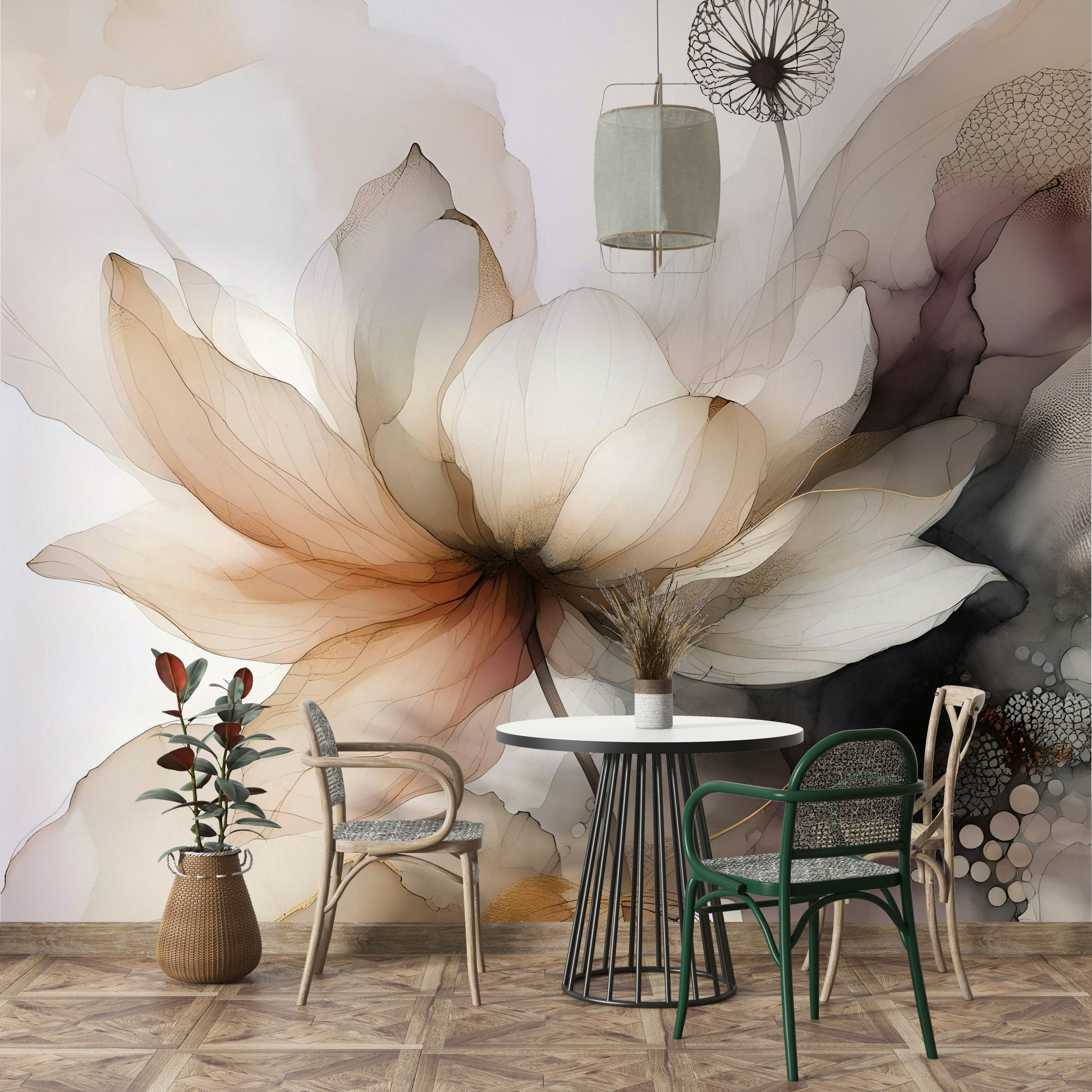 Botanical wall mural with floating lotus blossoms.

