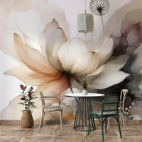 Botanical wall mural with floating lotus blossoms.

