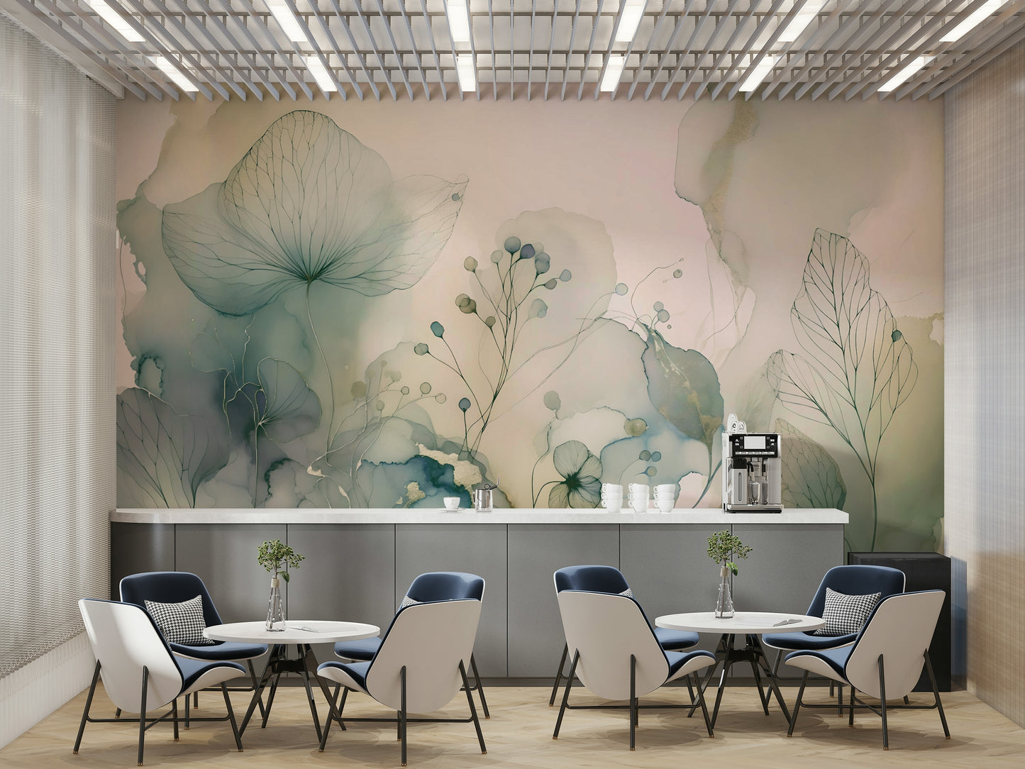 Light pink and beige mural with abstract florals.

