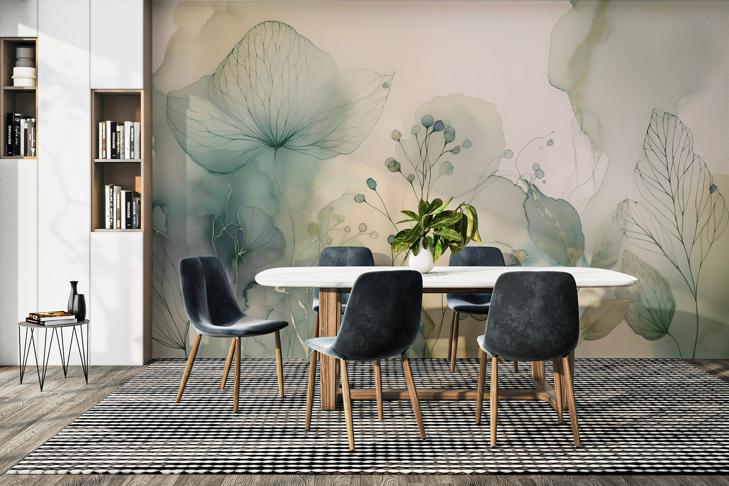 Whimsical flower mural with artistic brushstrokes.

