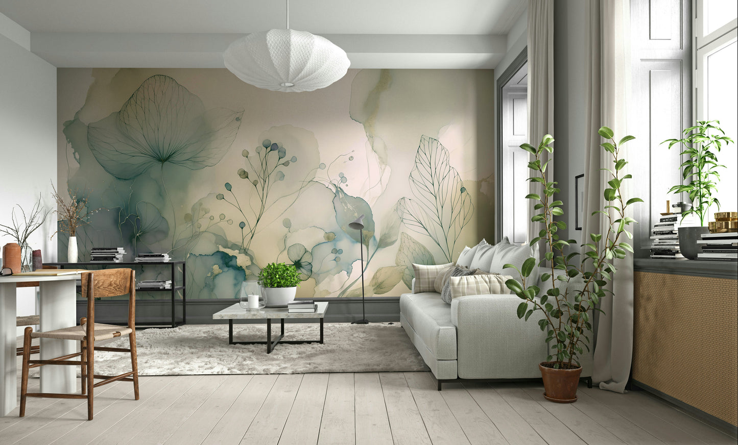 Romantic wall mural with delicate watercolor flowers.

