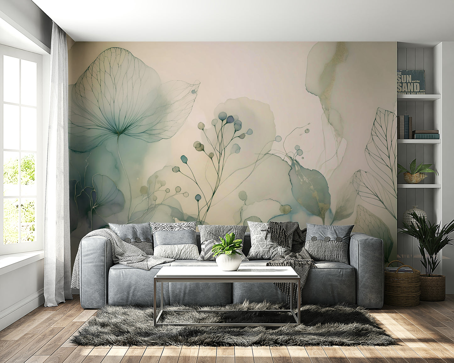 Watercolor-inspired mural of blooming pastel florals.

