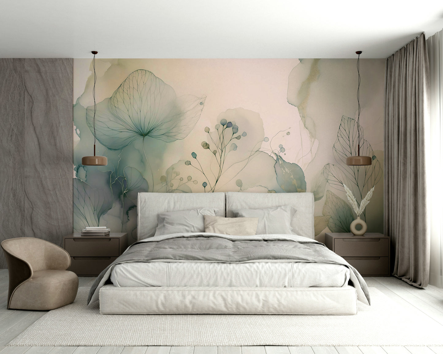 Soft floral dreamscape mural in pastel tones.

