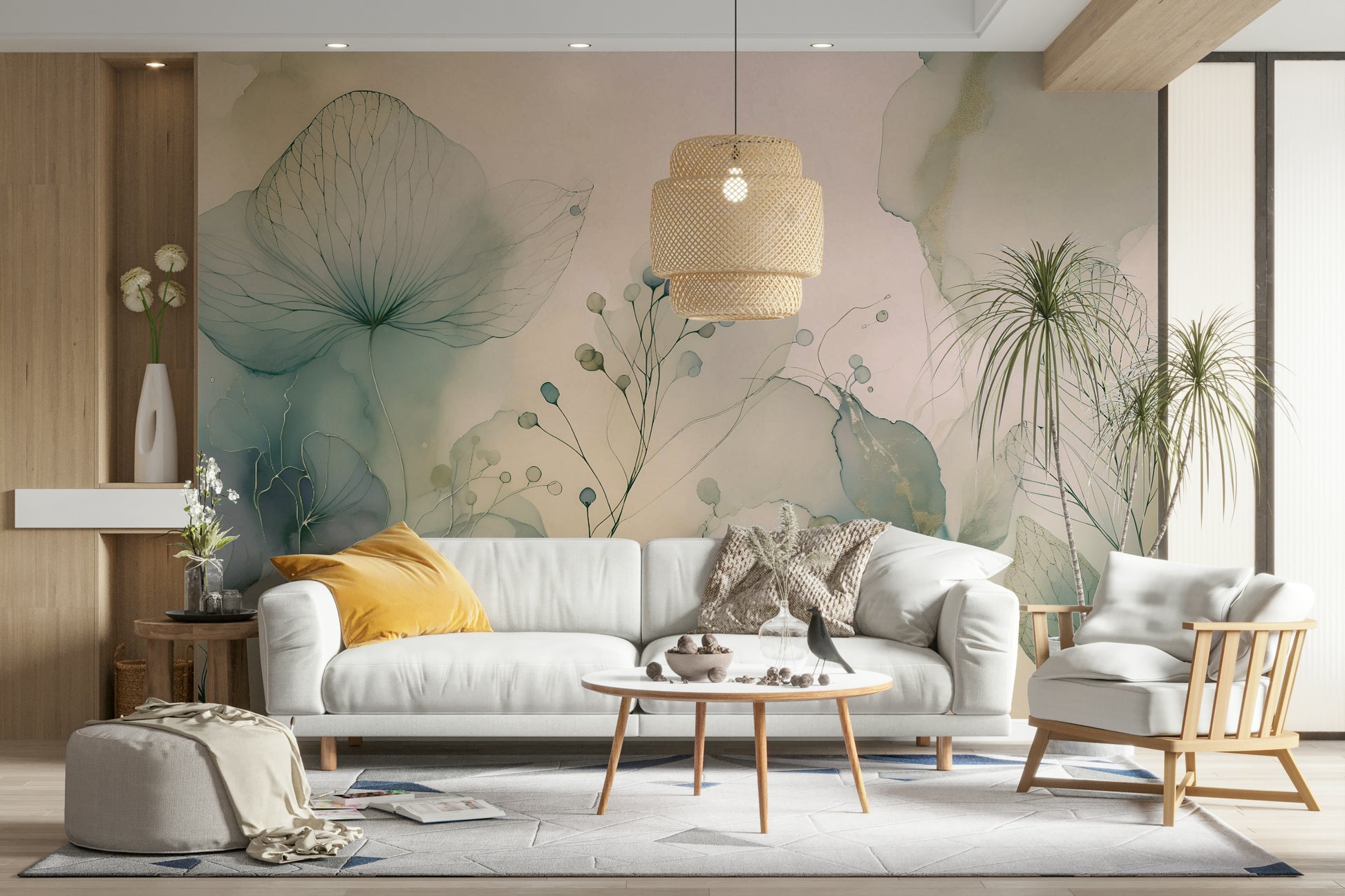 Feminine wall mural with layered soft floral forms.

