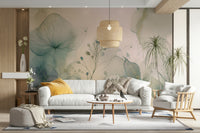 Feminine wall mural with layered soft floral forms.

