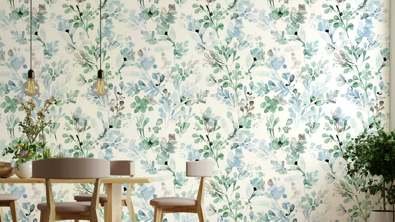 Delicate botanical wallpaper in sage and cream tones.

