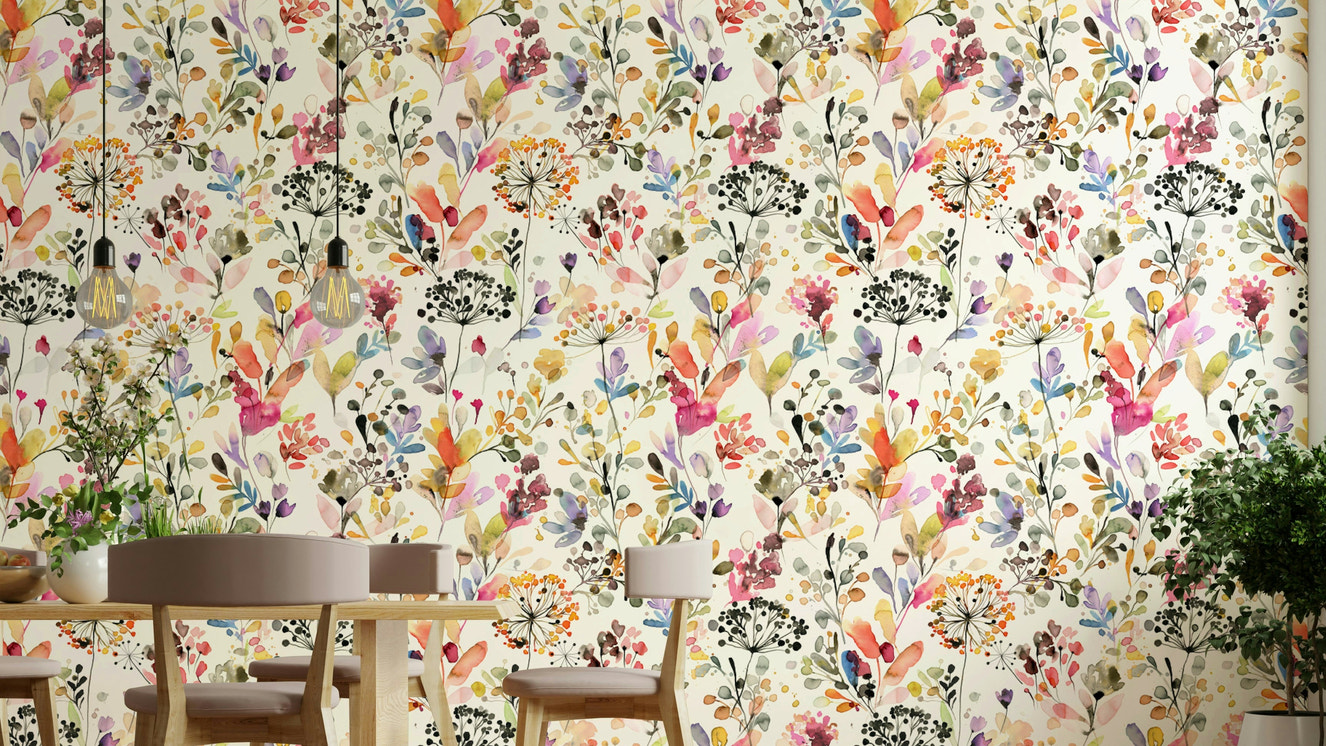 Wild grass design in soft, natural tones on wallpaper.

