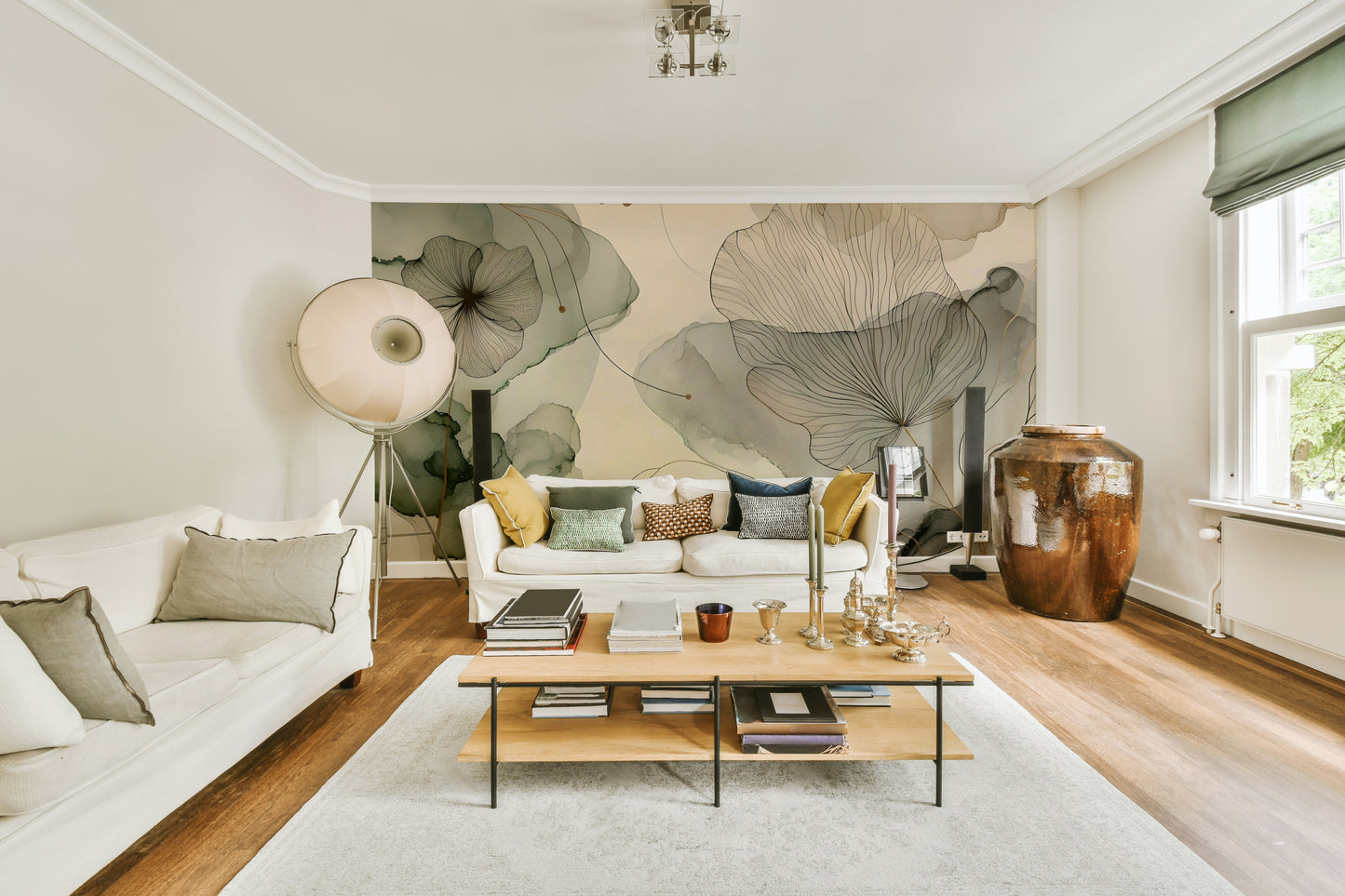 Muted sage flower mural for calm, modern interiors.

