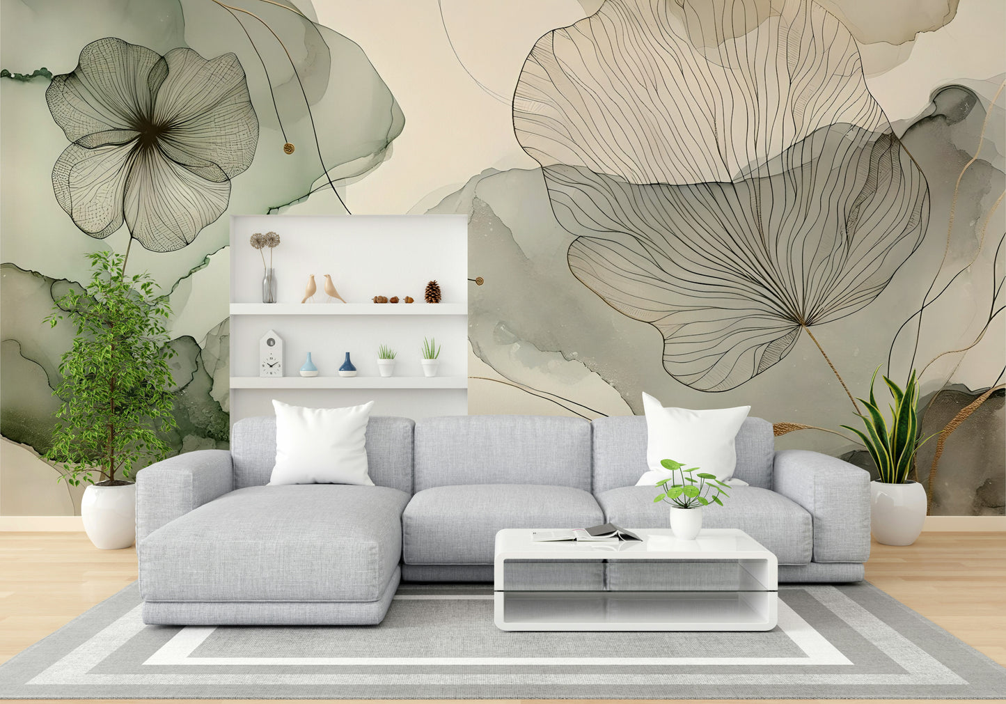 Light and airy mural with soft botanical elements.

