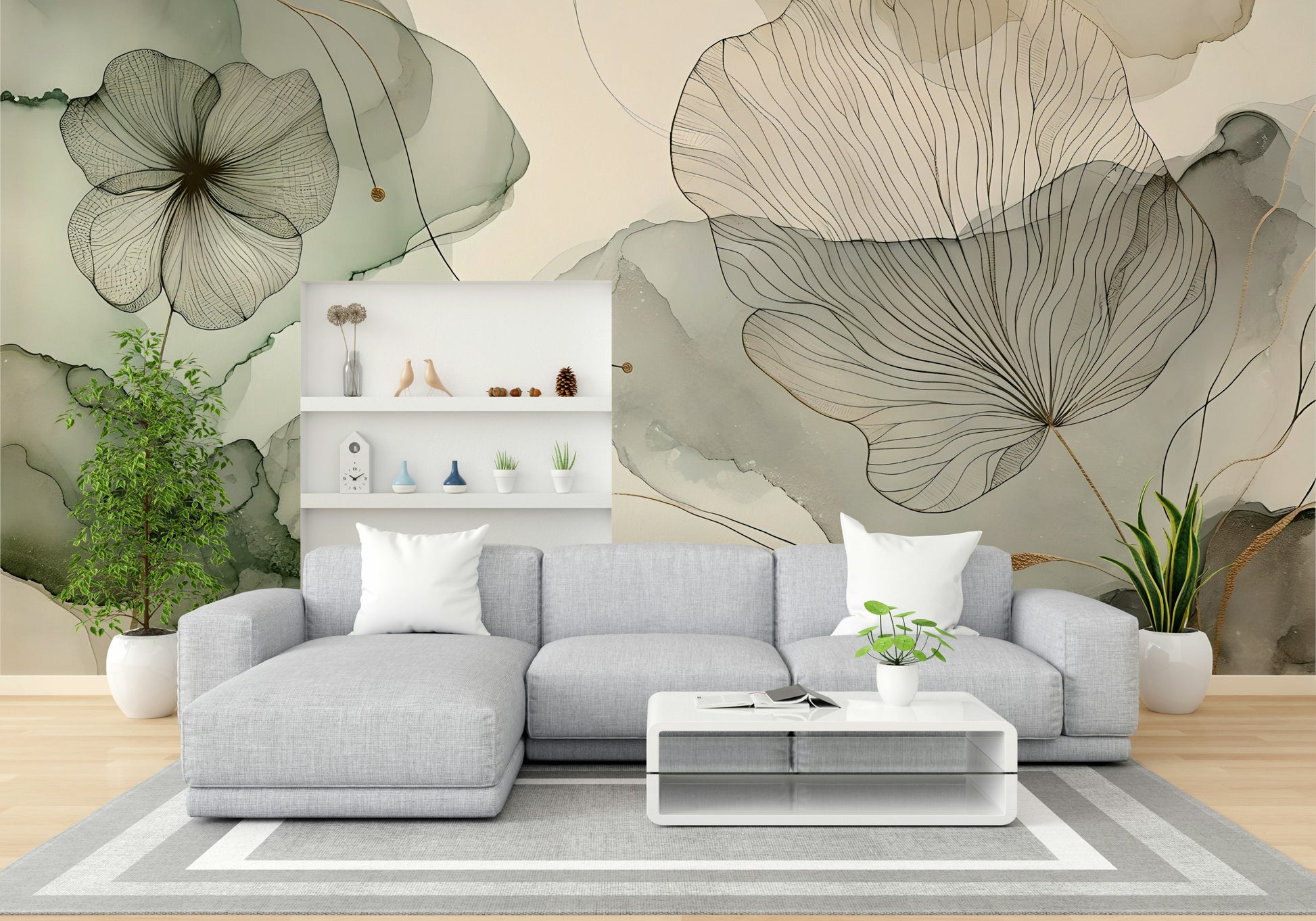 Light and airy mural with soft botanical elements.

