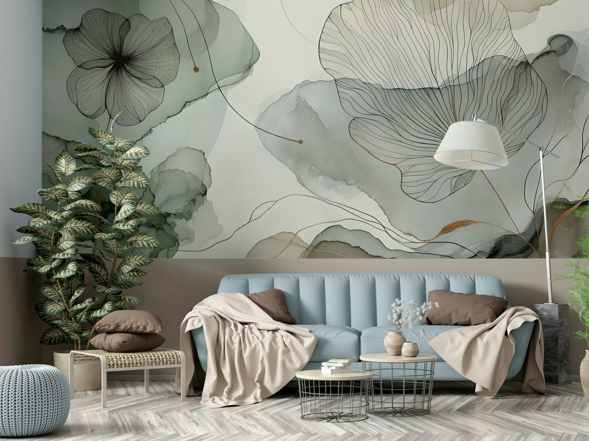 Romantic wall mural with blooming sage blossoms.

