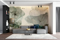 Watercolor blossoms mural in sage and cream palette.

