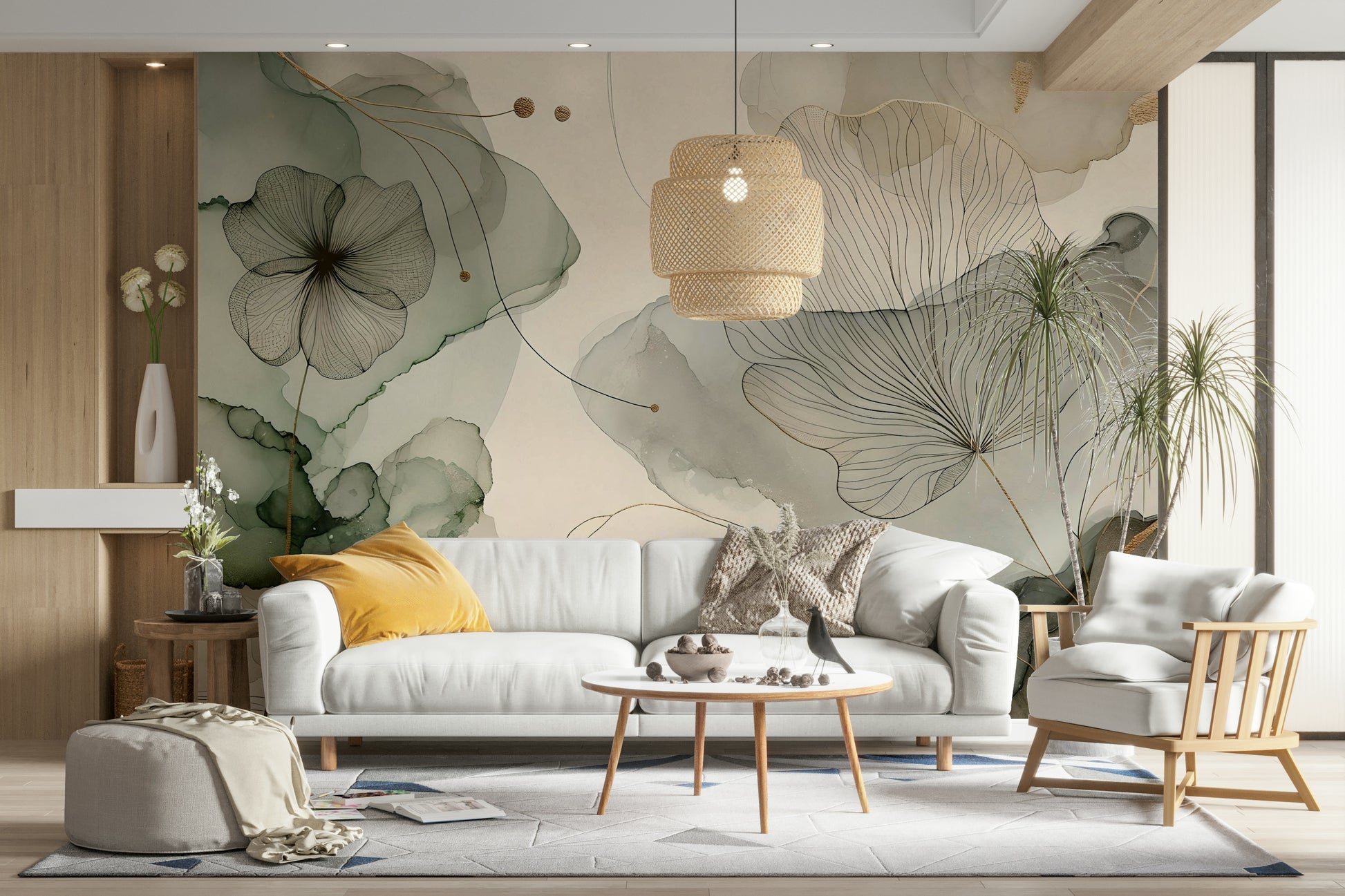 Nature-inspired mural with subtle green florals.

