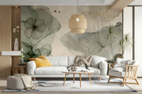 Nature-inspired mural with subtle green florals.

