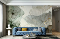 Whispering floral wall mural in muted sage tones.

