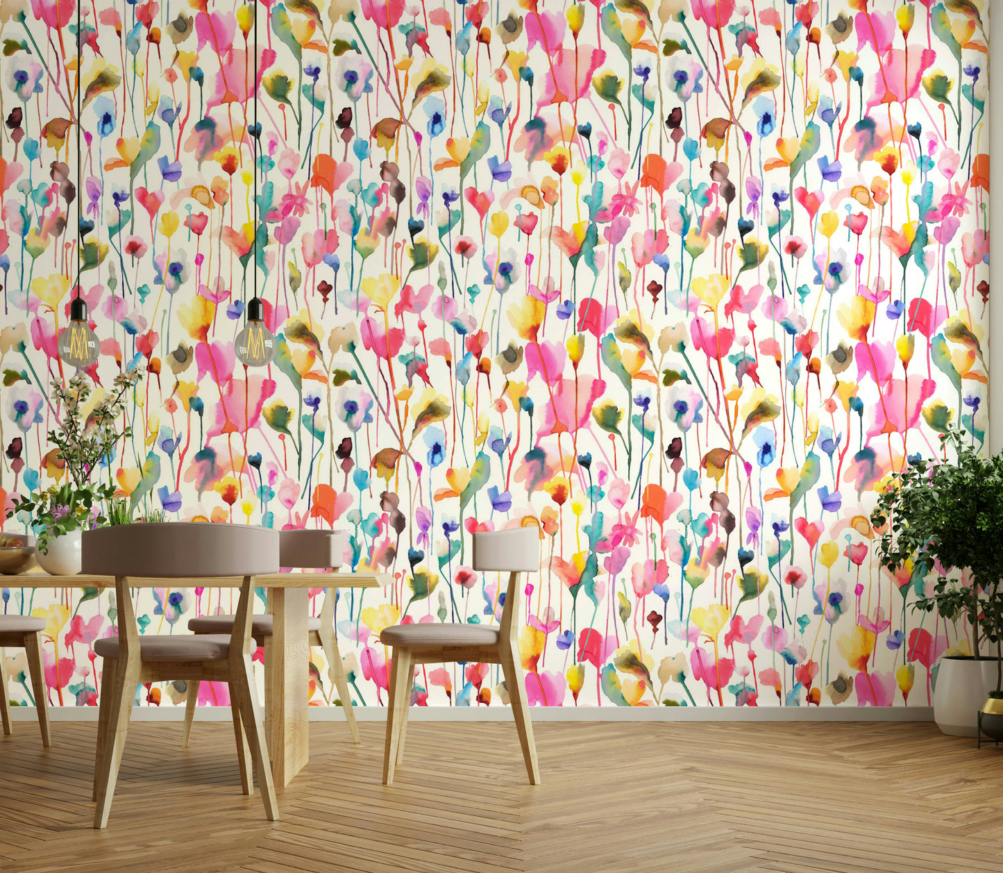 Dreamy pink wildflower watercolor wall art wallpaper

