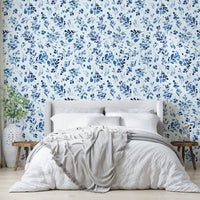 Peaceful blue wild plant wallpaper for calming interiors

