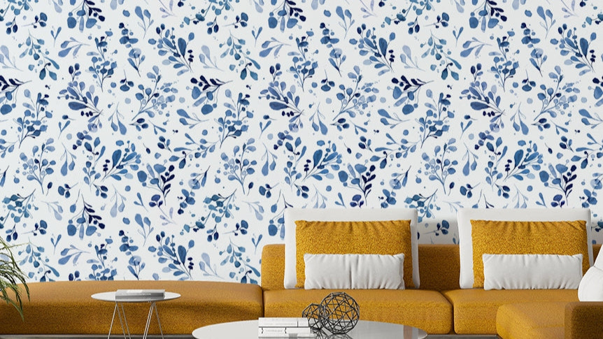 Blue wild plants wallpaper with botanical motifs for walls

