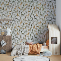 Wintery landscape with artistic deers in beige and brown.

