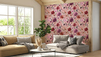 Soft pink wintery bouquet floral wallpaper design.

