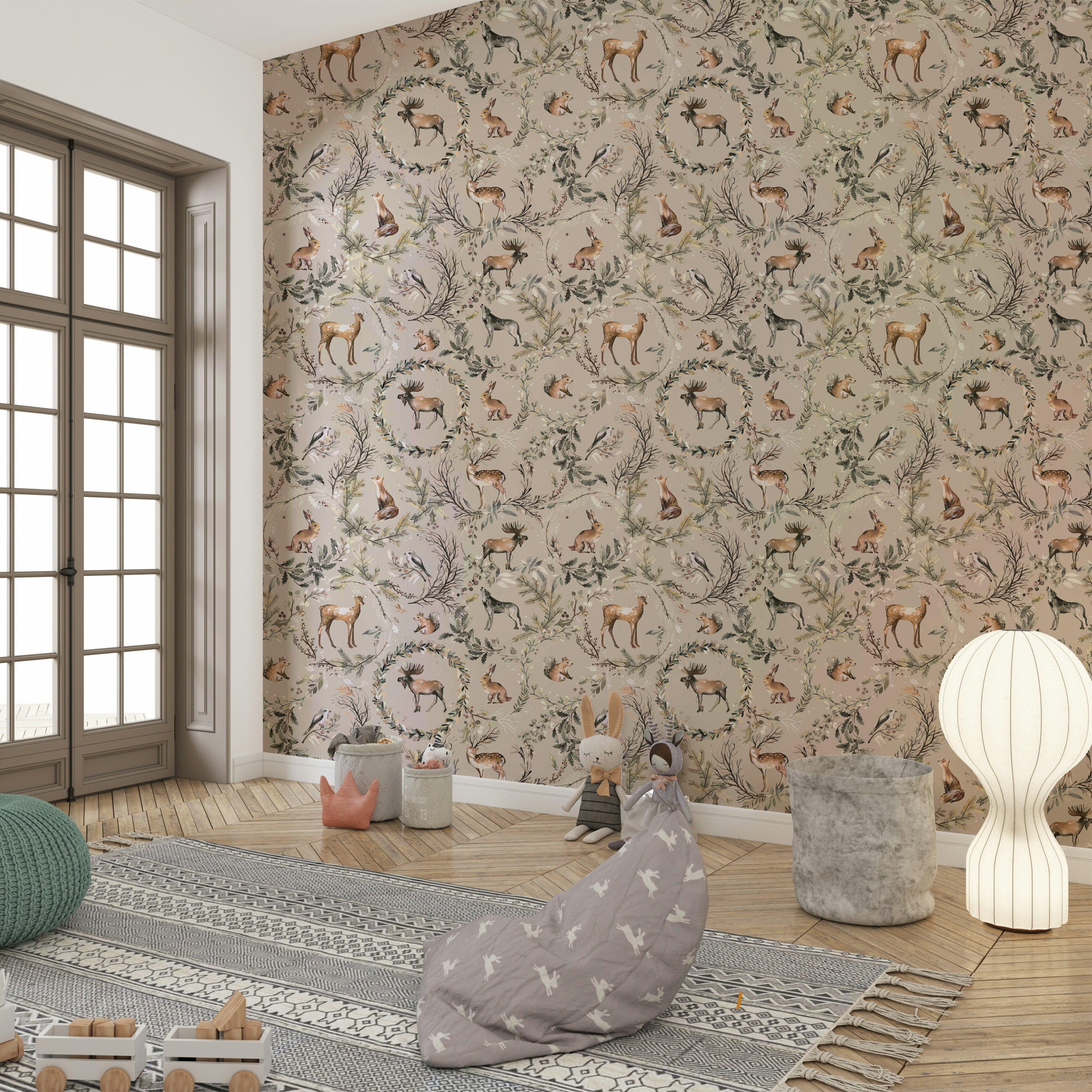 Woodland animals wallpaper featuring deer and foxes.

