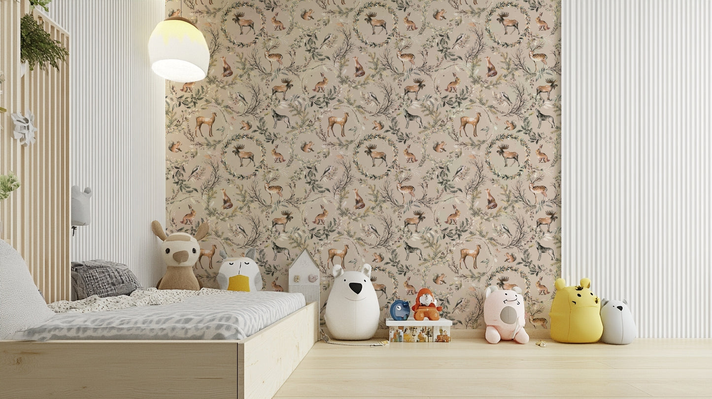 Squirrel, deer, and fox wallpaper for nature-inspired rooms.

