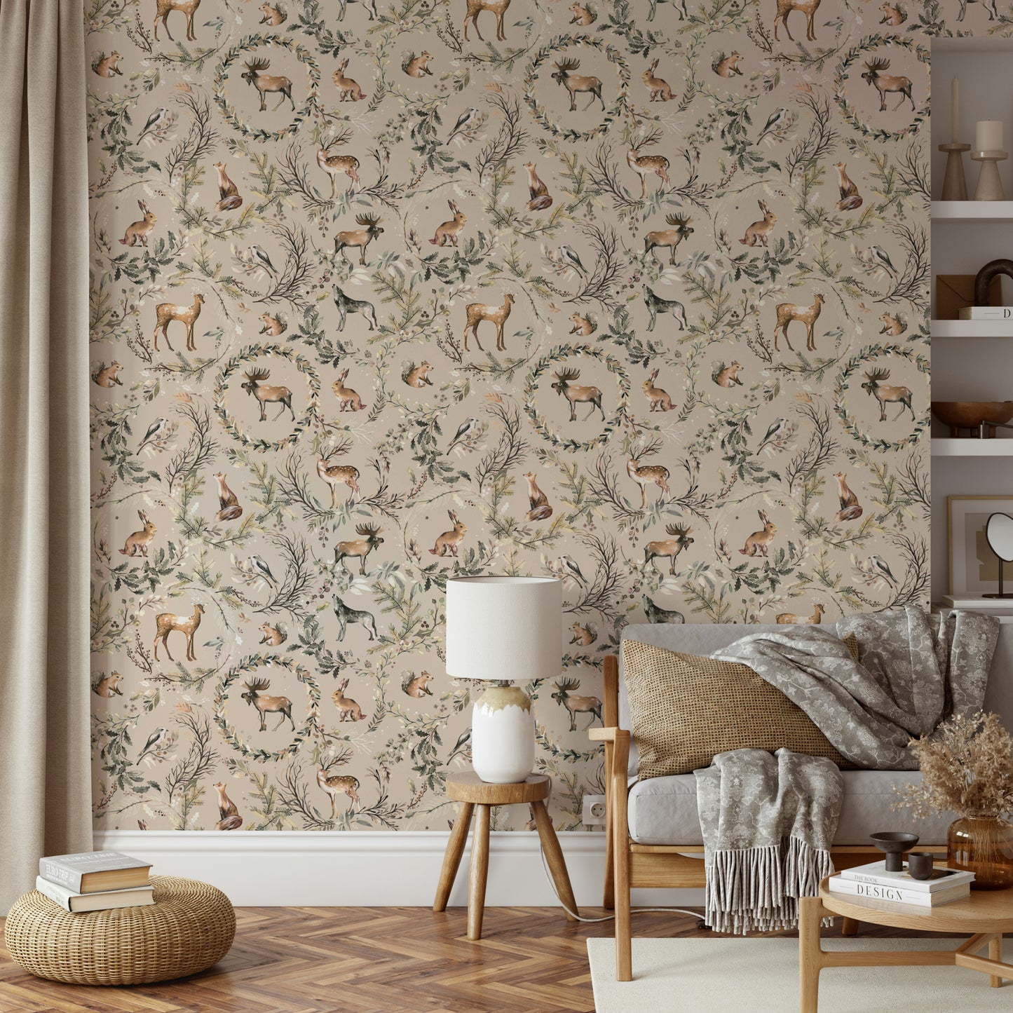 Beautiful woodland animals in serene wallpaper design.

