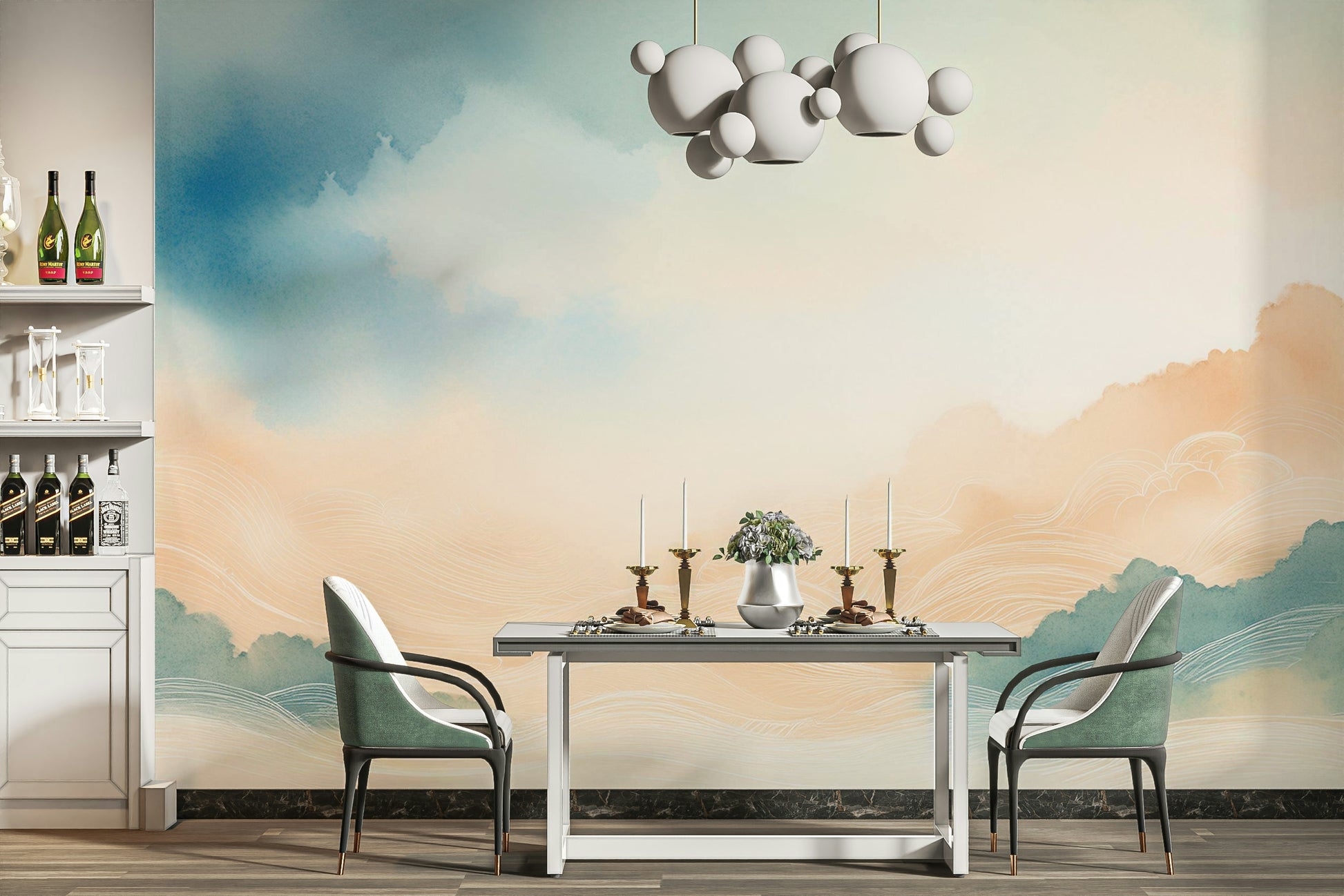 Ethereal cloud wall mural creating a peaceful retreat.


