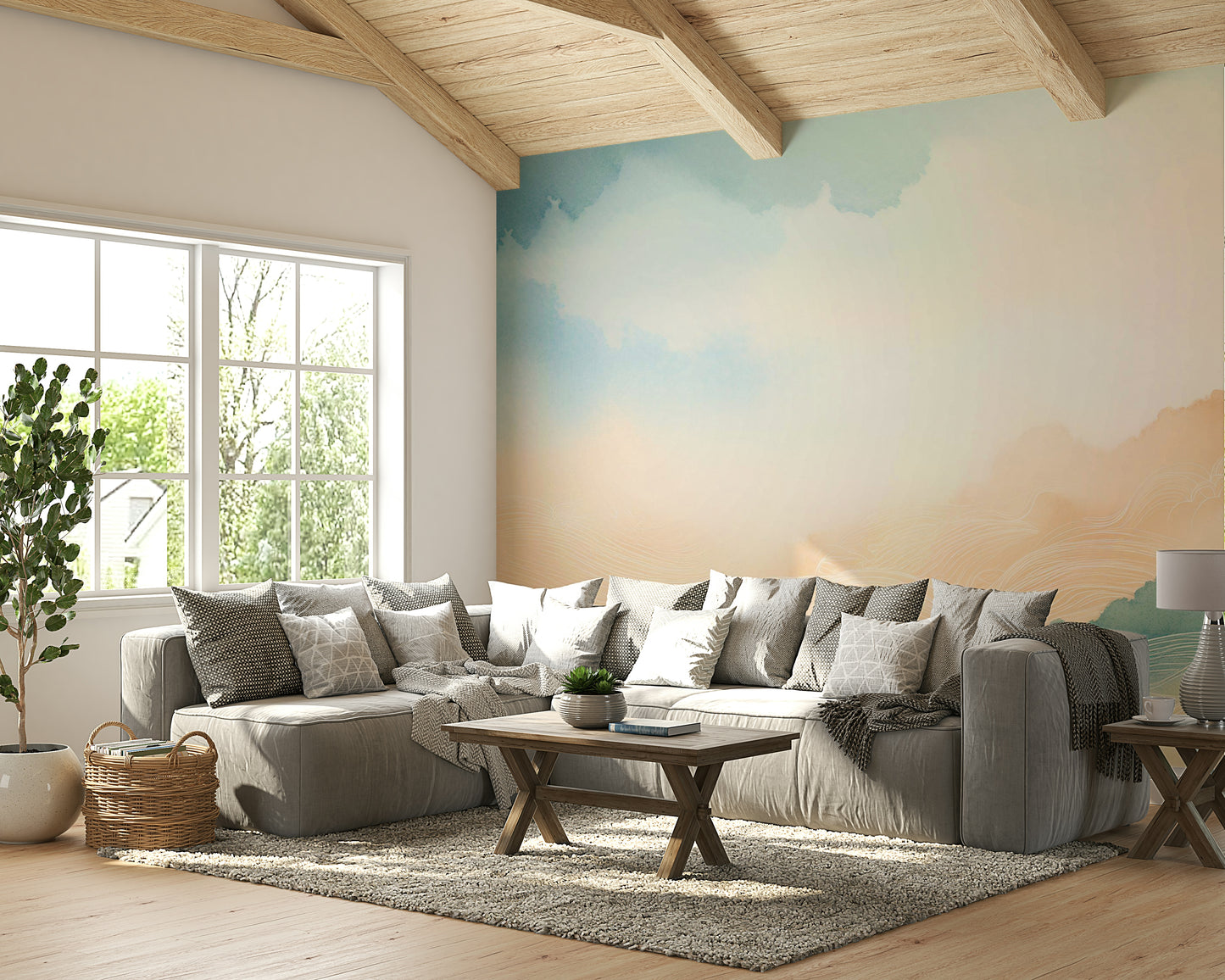 Tranquil wall mural featuring a cloud-filled horizon.


