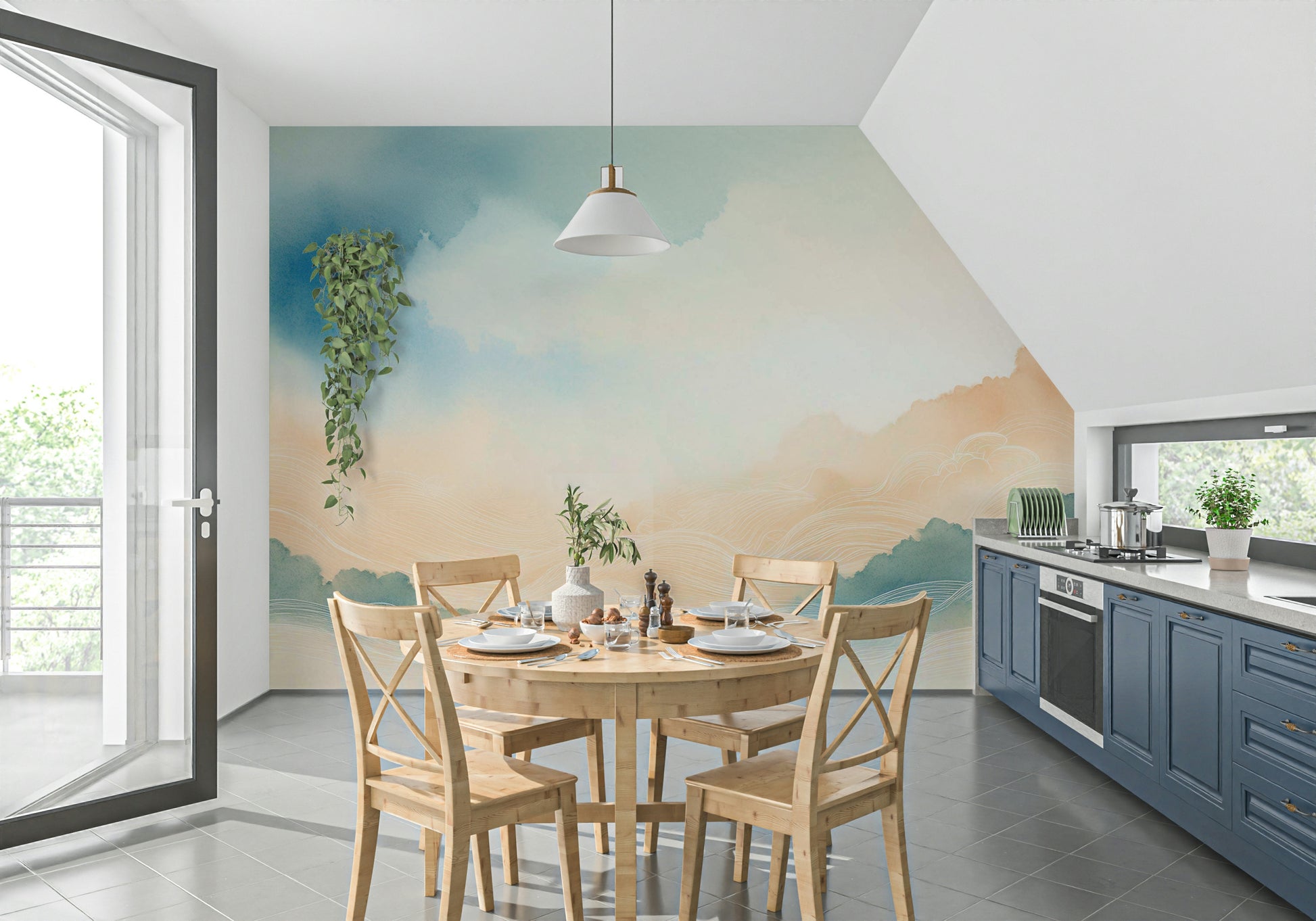 Soft blue sky and clouds horizon wall mural design.

