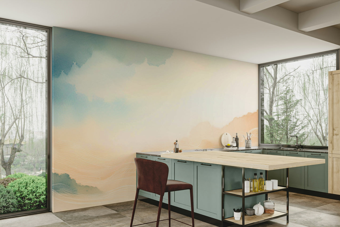 Horizon cloud mural for a calming, airy atmosphere.

