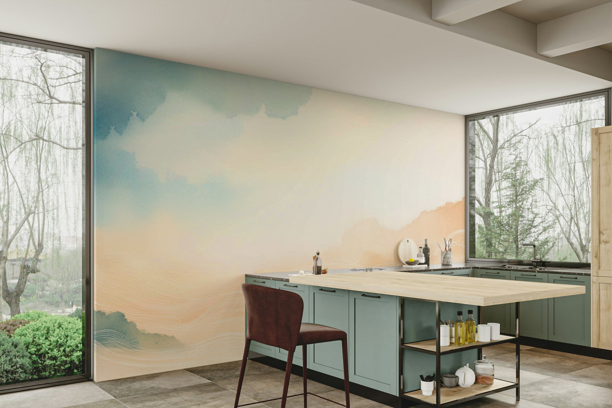 Horizon cloud mural for a calming, airy atmosphere.

