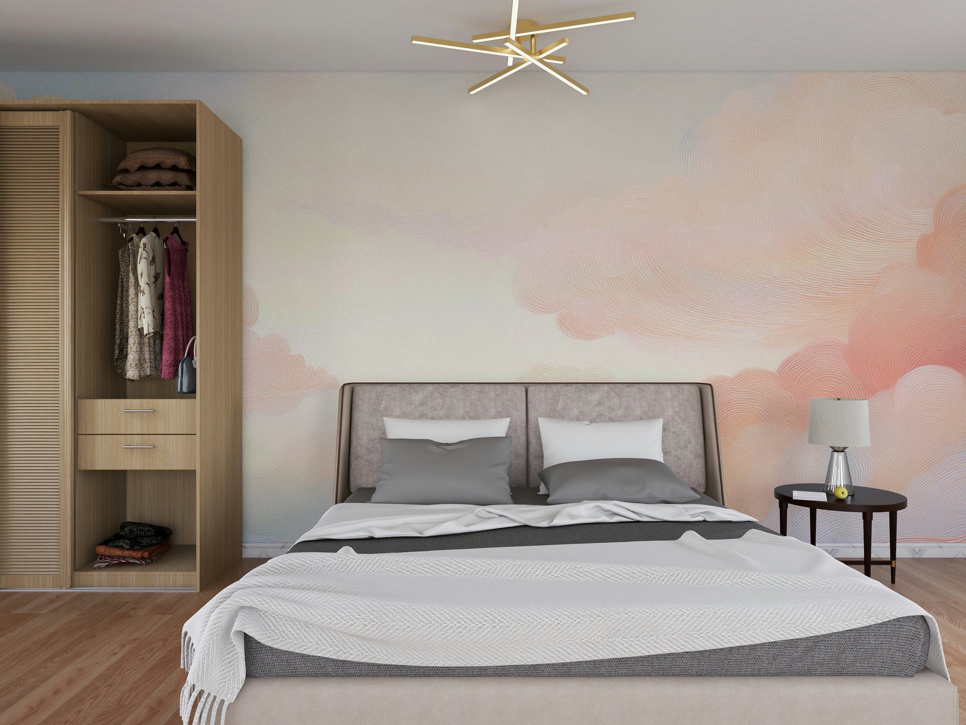 Gentle pastel sky mural for serene living spaces

