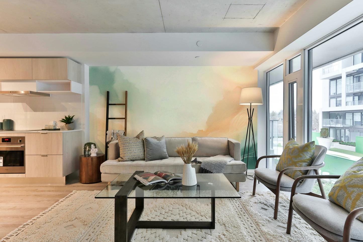Sky-inspired soft dream mural for serene living rooms

