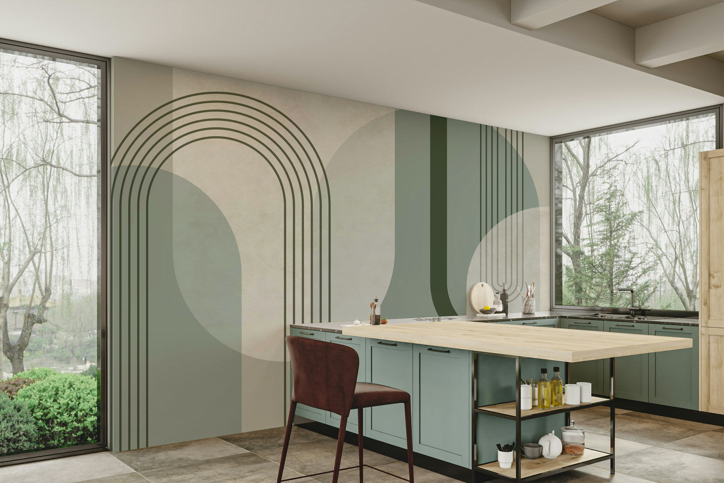 Mid Century Forest Green Wall Mural for Living Room

