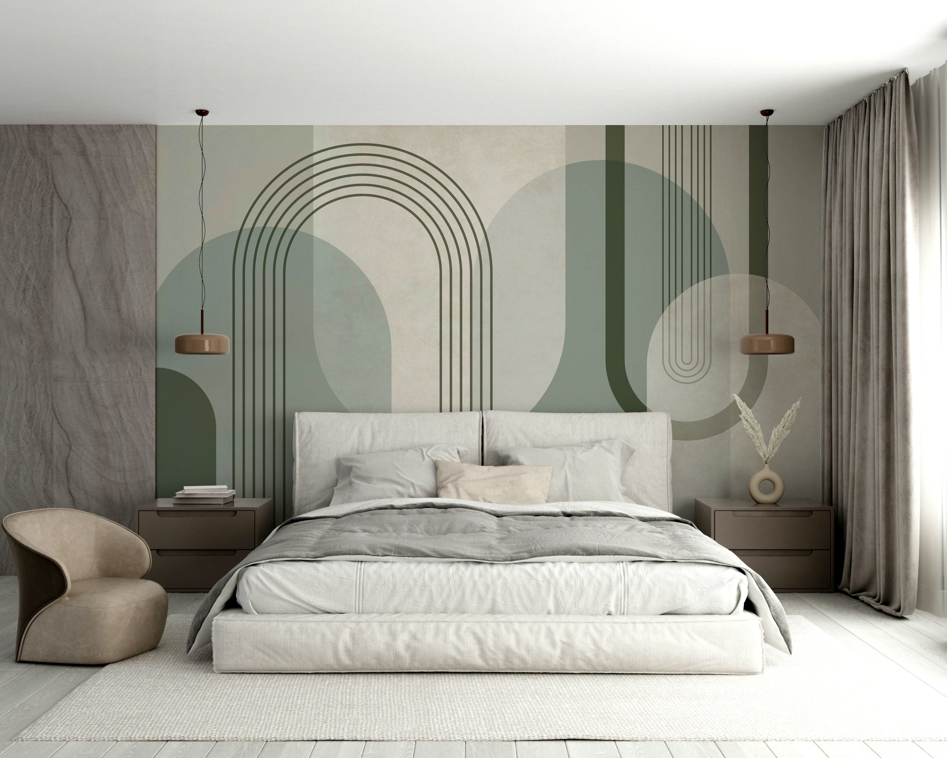 Mid Century Forest Green Mural for Bedroom Walls

