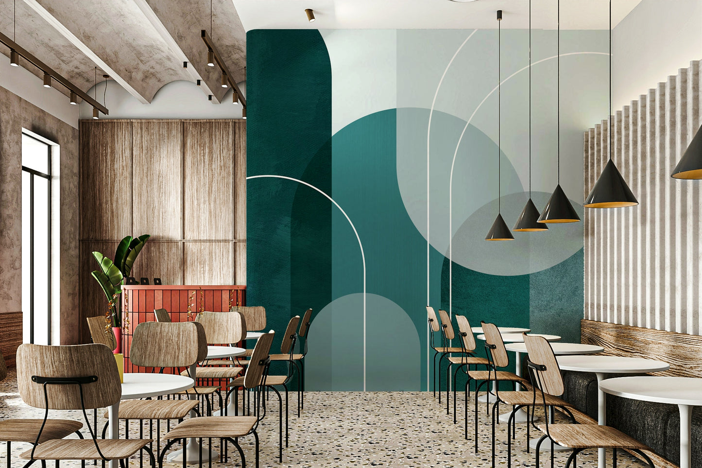 Teal arches mural for a sleek and stylish living room

