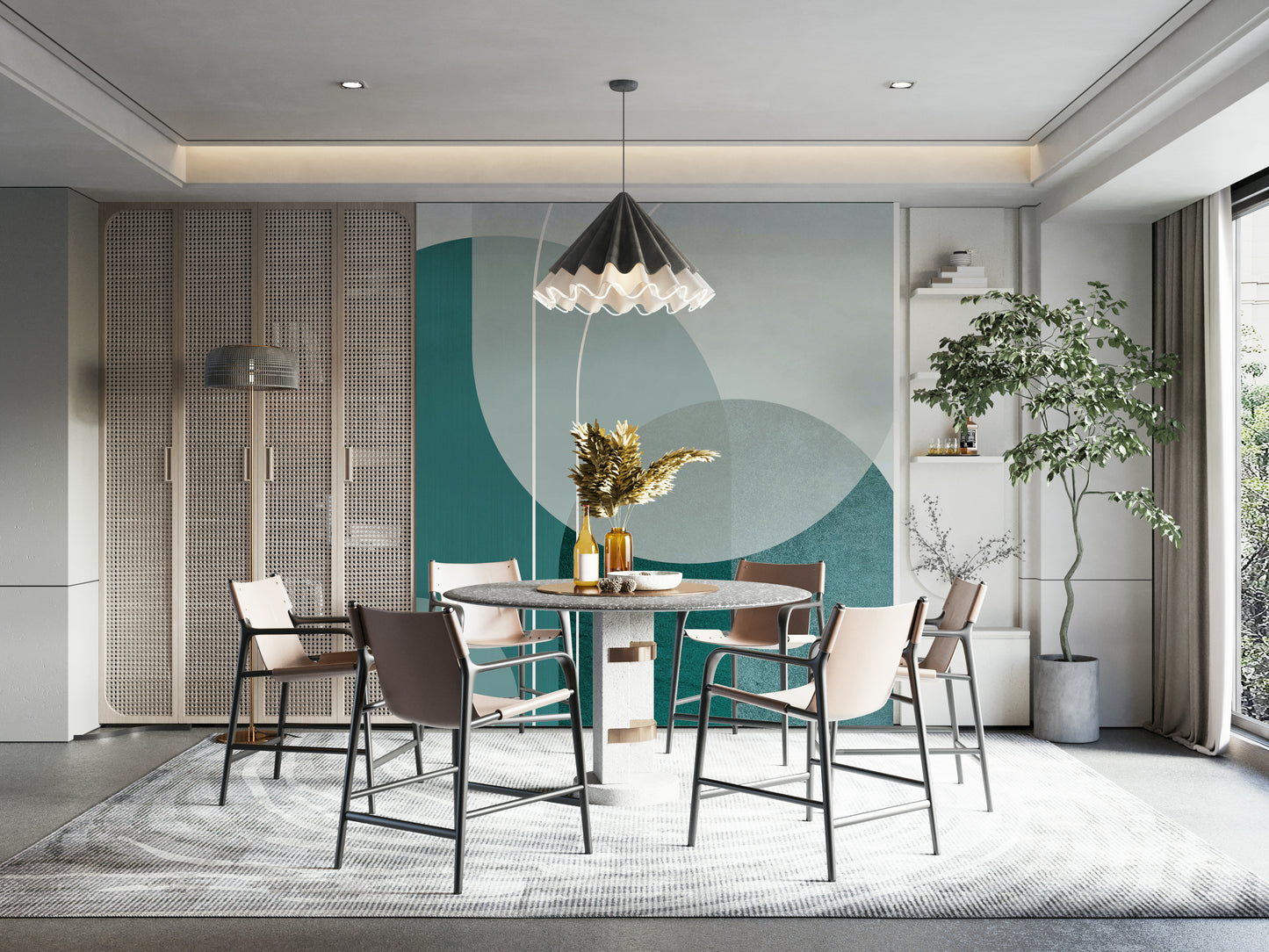 Minimalist teal arches mural for clean, elegant walls

