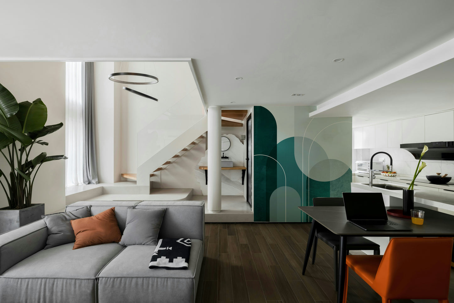 Elegant teal arches wallpaper design for living rooms

