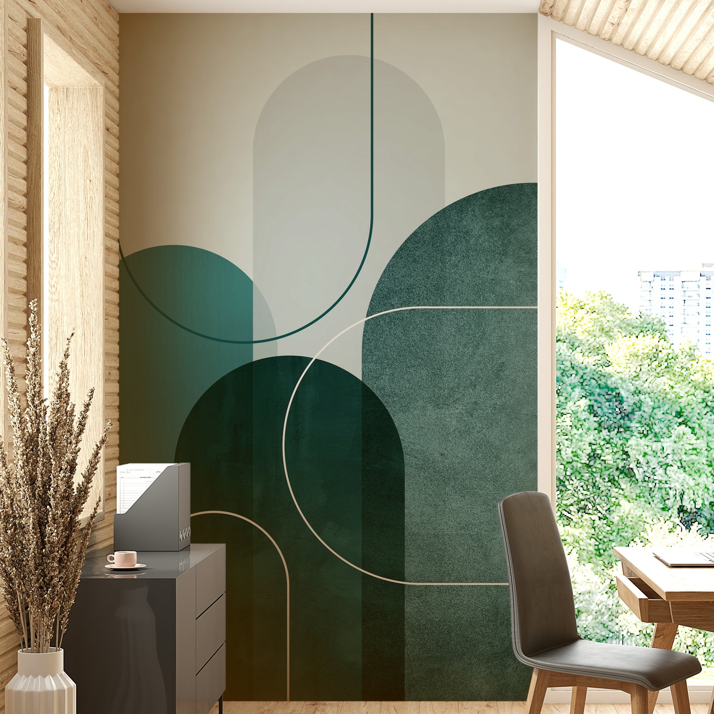 Bold teal arches wall mural for contemporary design.

